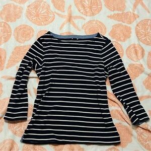 navy blue and white striped long sleeve top